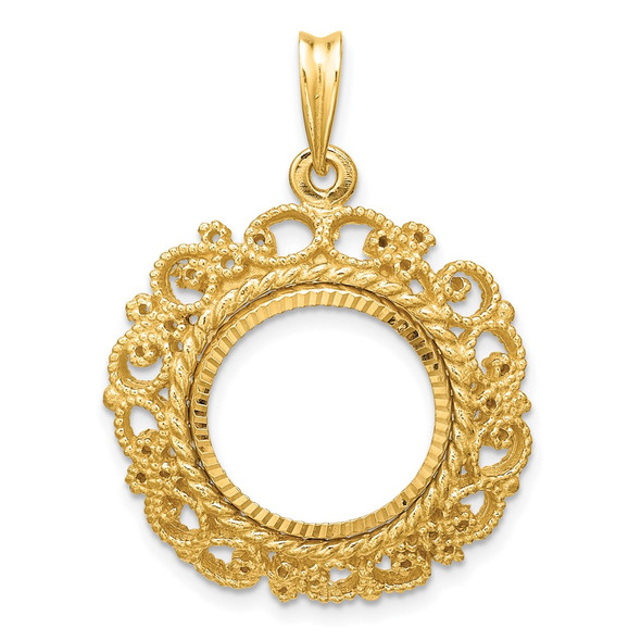 14k Yellow Gold Polished Textured and Diamond-cut Victorian-Style 15.0mm Prong Coin Bezel Pendant