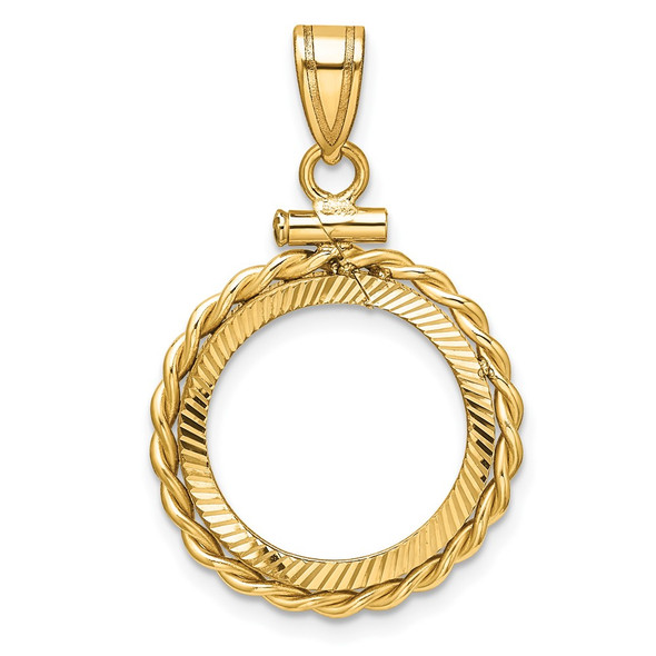 14k Yellow Gold Polished Twisted Wire and Diamond-cut 16.0mm x 1.35mm Screw Top Coin Bezel Pendant