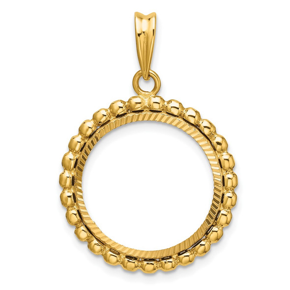 14k Yellow Gold Polished and Diamond-cut with Beaded Edge 17.8mm Prong Coin Bezel Pendant