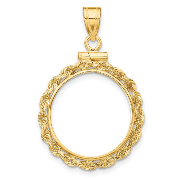 10k Yellow Gold Polished Rope 17.8mm x 1.35mm Screw Top Coin Bezel Pendant