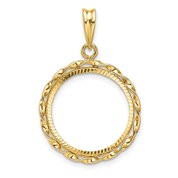 14k Yellow Gold Polished Hand Twisted Ribbon and Diamond-cut 17.8mm Prong Coin Bezel Pendant