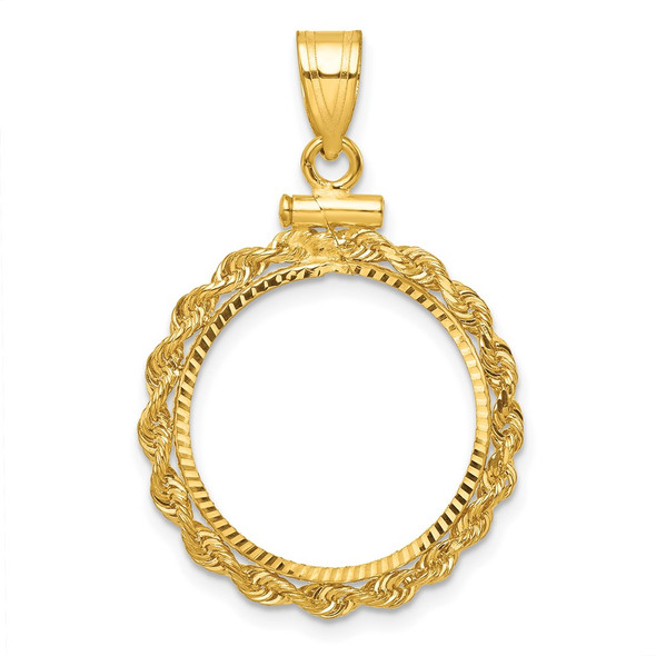 10k Yellow Gold Polished Rope and Diamond-cut 17.8mm x 1.35mm Screw Top Coin Bezel Pendant