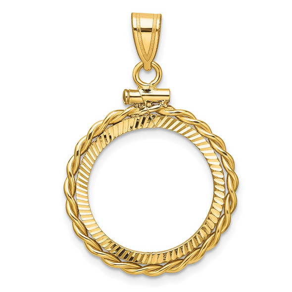 14k Yellow Gold Polished Twisted Wire and Diamond-cut 18.0mm x 1.35mm Screw Top Coin Bezel Pendant