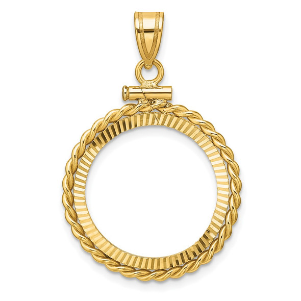 14k Yellow Gold Polished Twisted Wire and Diamond-cut 19.0mm x 1.1mm Screw Top Coin Bezel Pendant