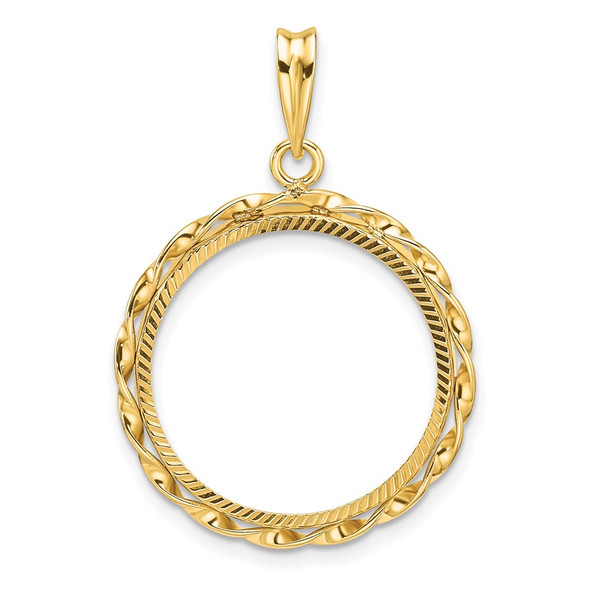 14k Yellow Gold Polished Hand Twisted Ribbon and Diamond-cut 20.0mm Prong Coin Bezel Pendant