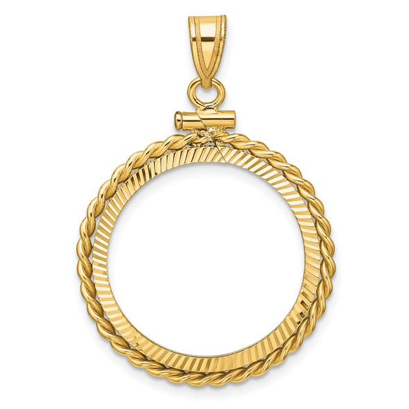 14k Yellow Gold Polished Twisted Wire and Diamond-cut 21.6mm x 1.7mm Screw Top Coin Bezel Pendant