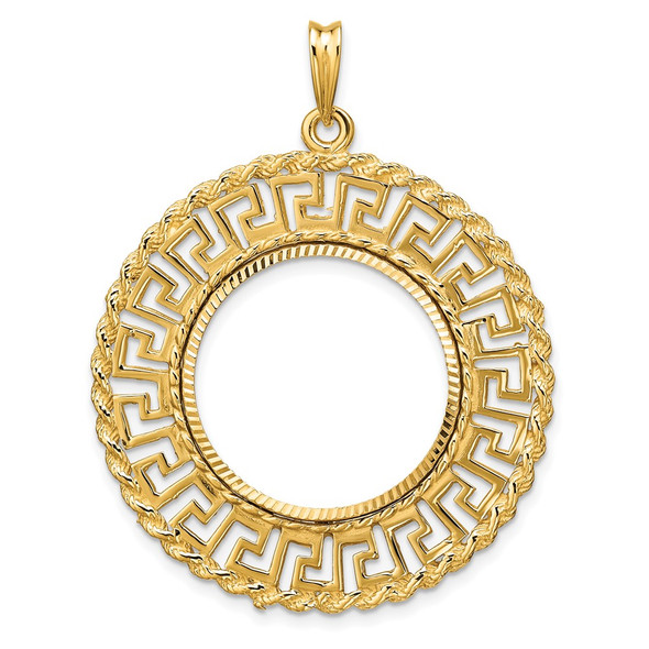 14k Yellow Gold Polished and Diamond-cut Greek Key with Rope Border 21.6mm Prong Coin Bezel Pendant