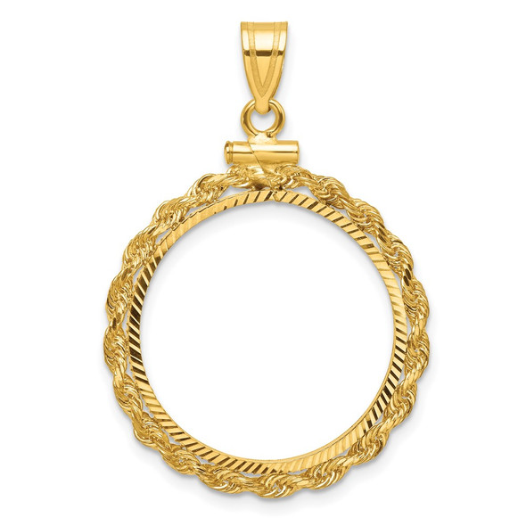 10k Yellow Gold Polished Rope and Diamond-cut 21.6mm x 1.7mm Screw Top Coin Bezel Pendant