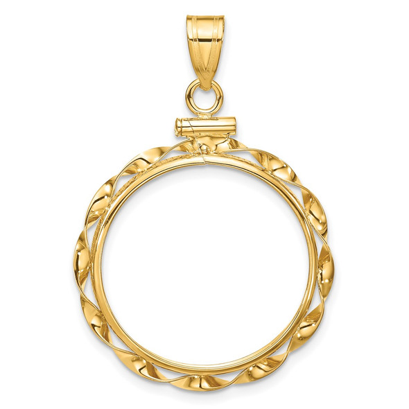 10k Yellow Gold Polished Hand Twisted Ribbon 22.0mm x 1.9mm Screw Top Coin Bezel Pendant