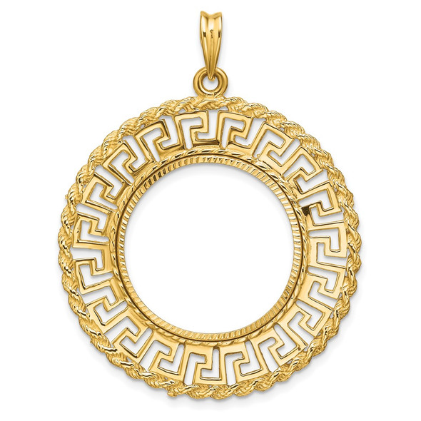 14k Yellow Gold Polished and Diamond-cut Greek Key with Rope Border 22.0mm Prong Coin Bezel Pendant