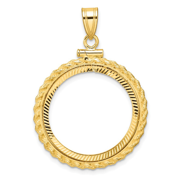 10k Yellow Gold Polished and Diamond-cut Casted Rope 22.0mm x 1.9mm Screw Top Coin Bezel Pendant