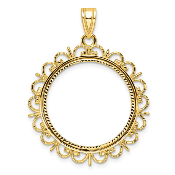10k Yellow Gold Polished and Diamond-cut Fancy 22.0mm Prong Coin Bezel Pendant