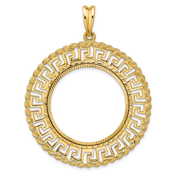 14k Yellow Gold Polished and Diamond-cut Greek Key with Rope Border 27.0mm Prong Coin Bezel Pendant