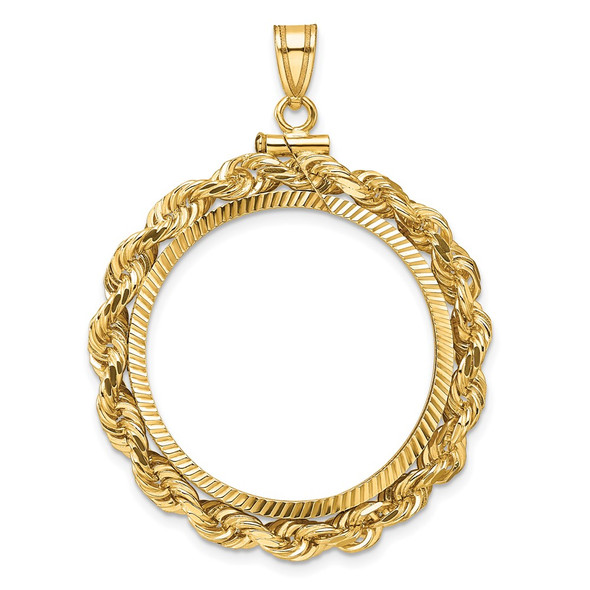 14k Yellow Gold Polished Rope and Diamond-cut 27.0mm x 2.35mm Screw Top Coin Bezel Pendant