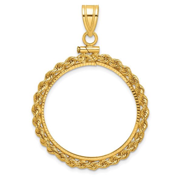 10k Yellow Gold Polished Rope and Diamond-cut 27.0mm x 2.35mm Screw Top Coin Bezel Pendant