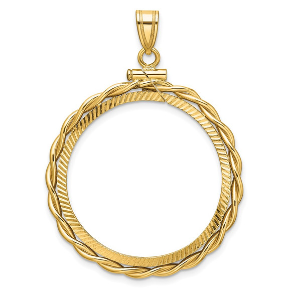 14k Yellow Gold Polished Twisted Wire and Diamond-cut 27.5mm x 2.1mm Screw Top Coin Bezel Pendant