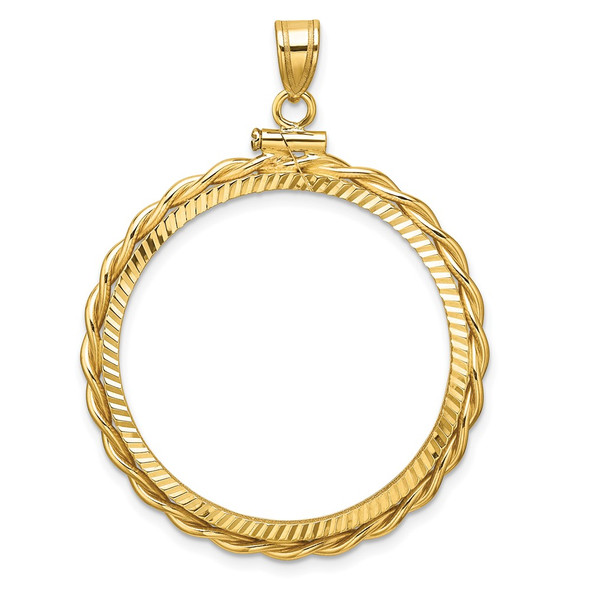 14k Yellow Gold Polished Twisted Wire and Diamond-cut 30.0mm x 3.00mm Screw Top Coin Bezel Pendant