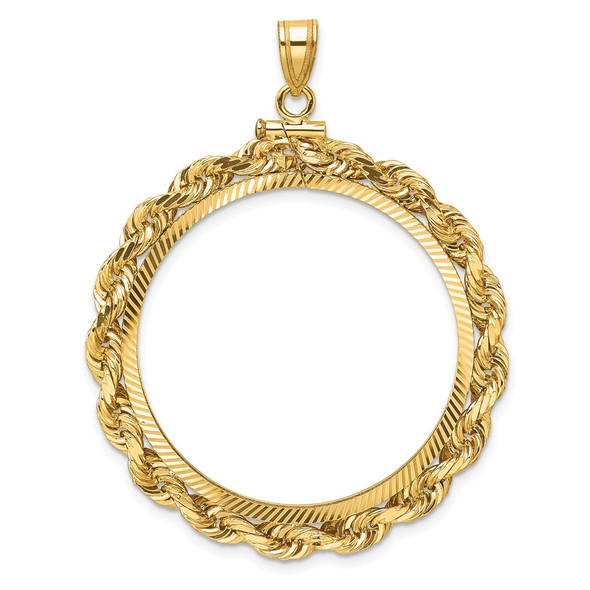 14k Yellow Gold Polished Rope and Diamond-cut 32.0mm x 2.85mm Screw Top Coin Bezel Pendant