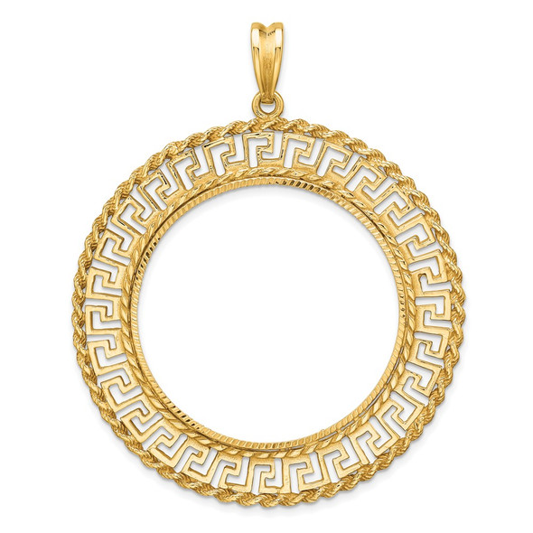 14k Yellow Gold Polished and Diamond-cut Greek Key with Rope Border 34.2mm Prong Coin Bezel Pendant