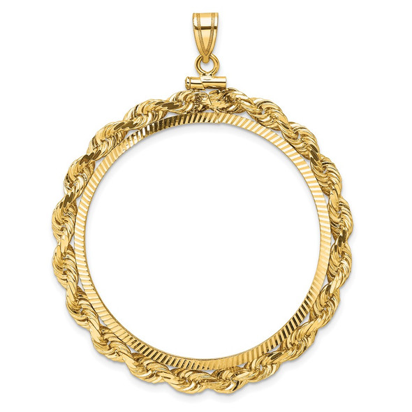 14k Yellow Gold Polished Rope and Diamond-cut 37.0mm x 2.85mm Screw Top Coin Bezel Pendant