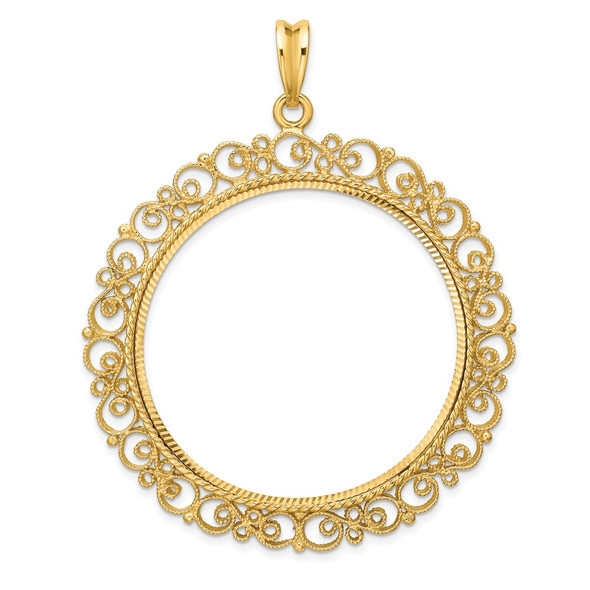 14k Yellow Gold Polished Textured and Diamond-cut Victorian-Style 39.5mm Prong Coin Bezel Pendant