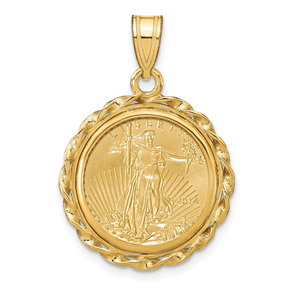 14k Yellow Gold Polished Wide Twisted Wire Mounted 1/10oz American Eagle Prong Coin Bezel Pendant