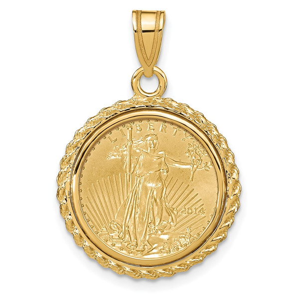 14k Yellow Gold Polished with Casted Rope Mounted 1/10oz American Eagle Prong Coin Bezel Pendant