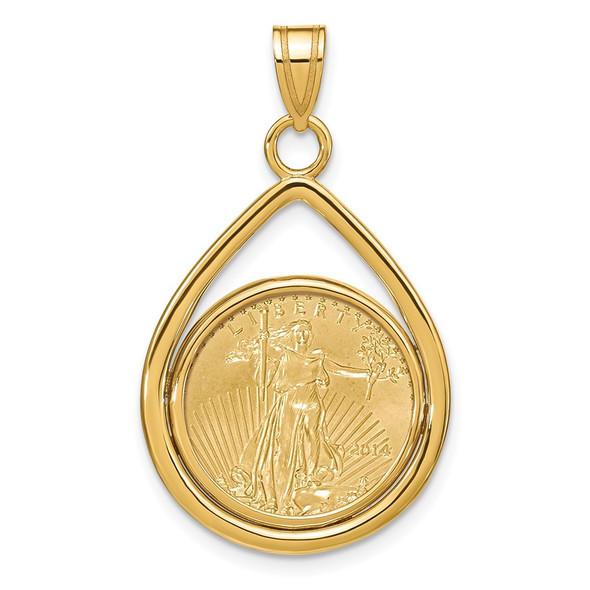 14k Yellow Gold Polished Lightweight Teardrop Mounted 1/10oz American Eagle Prong Coin Bezel Pendant