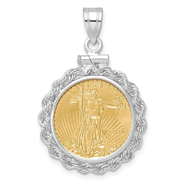 14k White Gold Polished Rope Mounted 1/10oz American Eagle Screw Top Coin Bezel Pendant