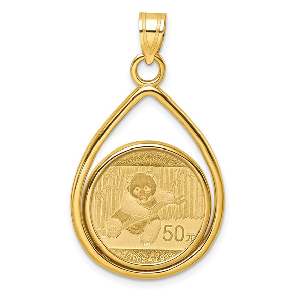 14k Yellow Gold Polished Lightweight Teardrop Mounted 1/10oz Panda Prong Coin Bezel Pendant