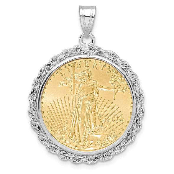 14k White Gold Polished Rope Mounted 1/4oz American Eagle Prong Coin Bezel Pendant