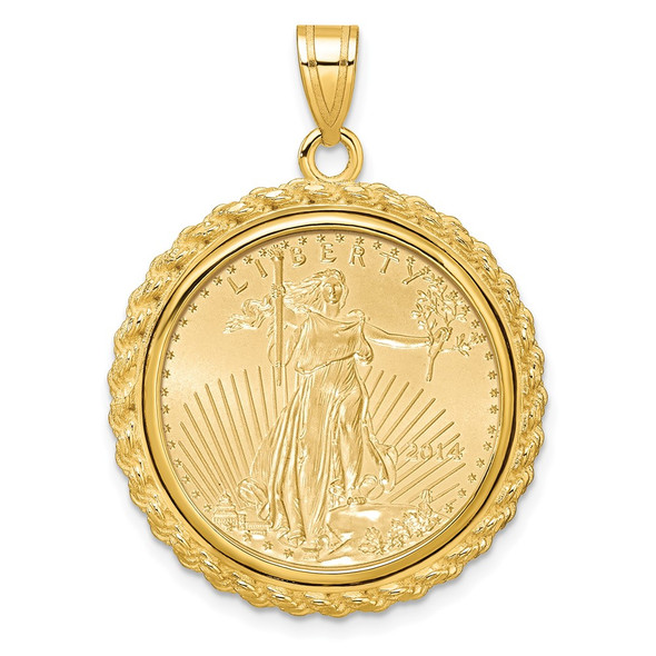 14k Yellow Gold Polished with Casted Rope Mounted 1/4oz American Eagle Prong Coin Bezel Pendant