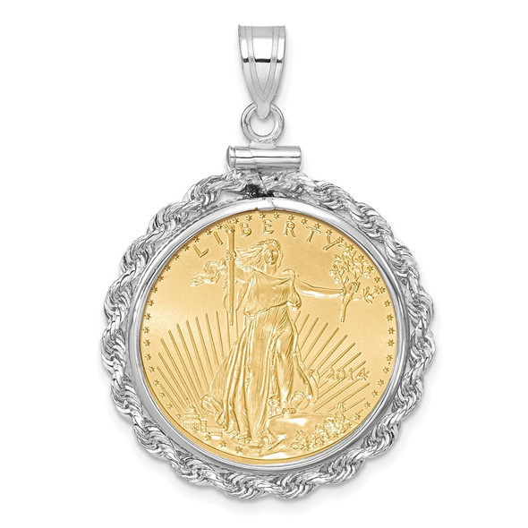 14k White Gold Polished Rope Mounted 1/4oz American Eagle Screw Top Coin Bezel Pendant