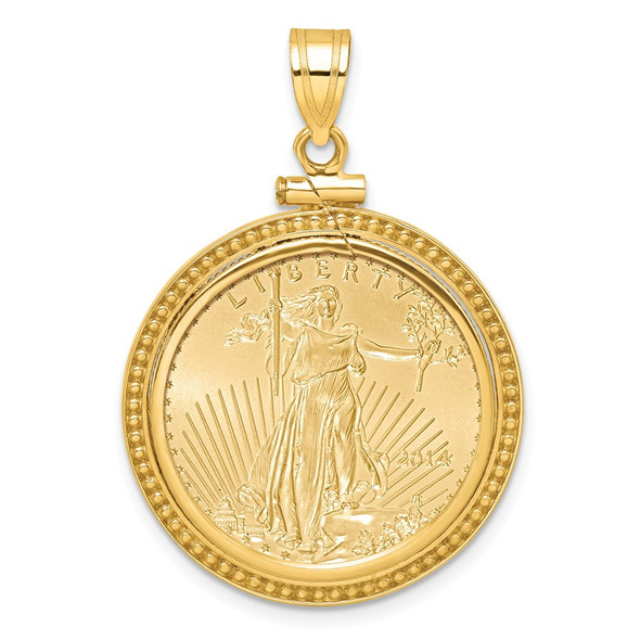 14k Yellow Gold Polished and Beaded Mounted 1/4oz American Eagle Screw Top Coin Bezel Pendant