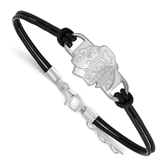 Sterling Silver Rhodium-plated NHL LogoArt Chicago Blackhawks Small Center Black Leather 7 inch Bracelet with Extender