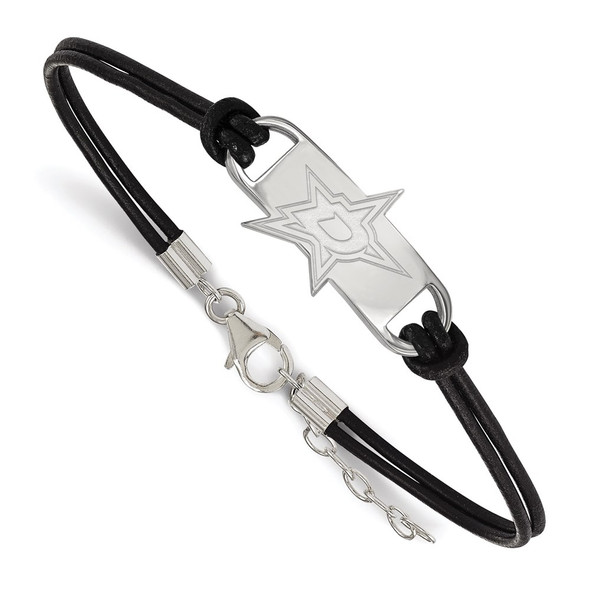 Sterling Silver Rhodium-plated NHL LogoArt Dallas Stars Small Center Black Leather 7 inch Bracelet with Extender