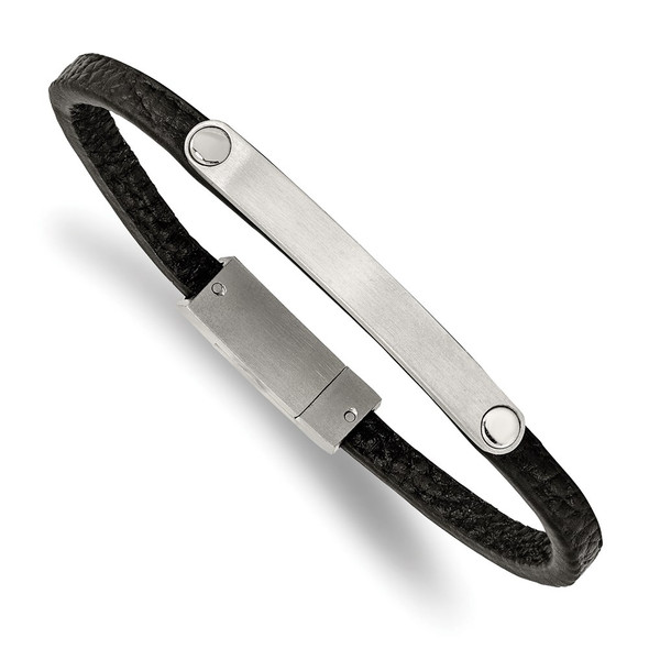 8.25" Stainless Steel Brushed Black Leather ID Bracelet