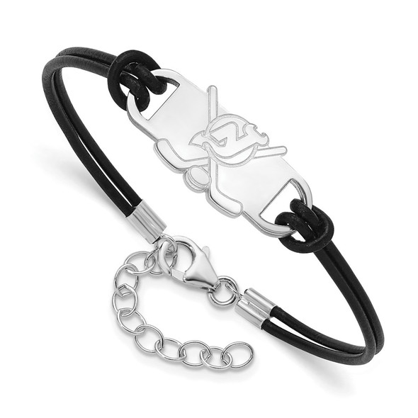 Sterling Silver Rhodium-plated NHL LogoArt New Jersey Devils Hockey Stick Leather Bracelet