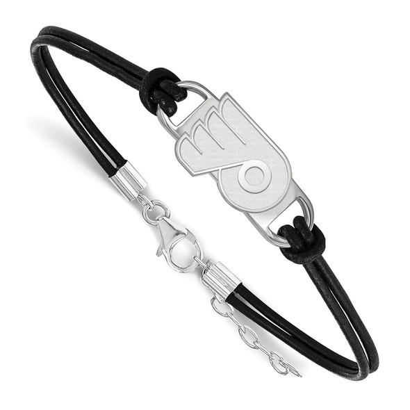 Sterling Silver Rhodium-plated NHL LogoArt Philadelphia Flyers Small Center Black Leather 7 inch Bracelet with Extender