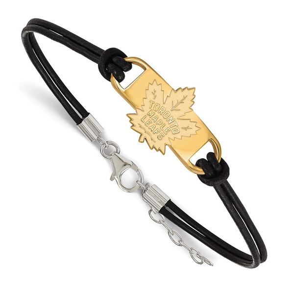 Sterling Silver Gold-plated NHL LogoArt Toronto Maple Leafs Small Center Black Leather 7 inch Bracelet with Extender