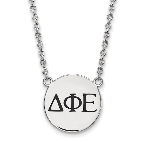 Sterling Silver Rhodium-plated LogoArt Delta Phi Epsilon Sorority Greek Letters Large Black Enamel Pendant 18 inch Necklace