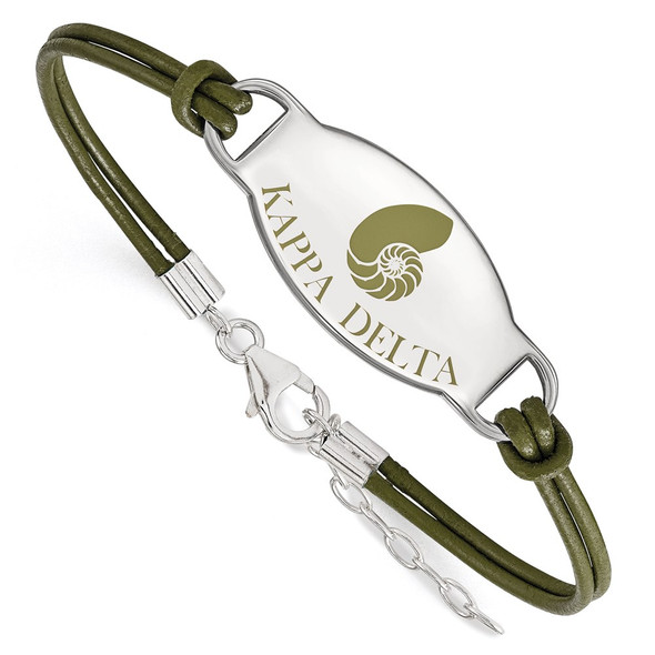 Sterling Silver Rhodium-plated LogoArt Kappa Delta Sorority Symbol Color Enamel Color Leather 7 inch Bracelet with Extender