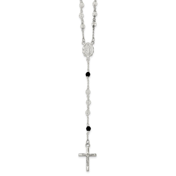 23.5" Sterling Silver Polished Black Crystal Rosary Necklace