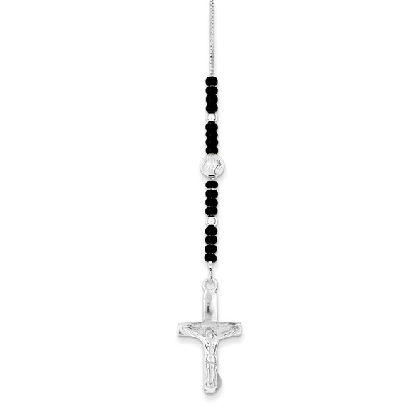 24" Sterling Silver Enameled & Black Glass Bead Rosary Necklace