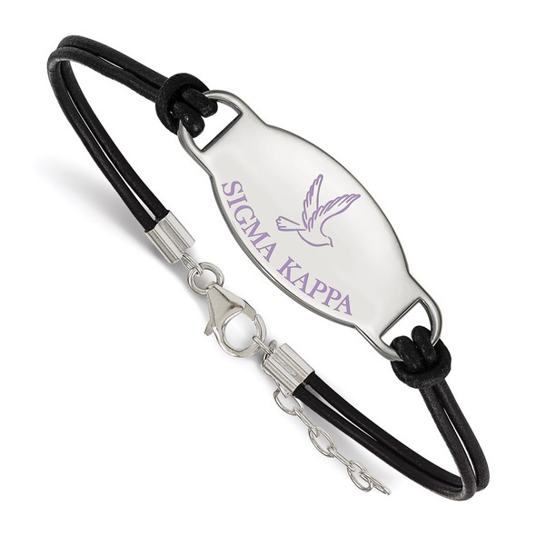 Sterling Silver Rhodium-plated LogoArt Sigma Kappa Sorority Symbol Color Enamel Black Leather 7 inch Bracelet with Extender