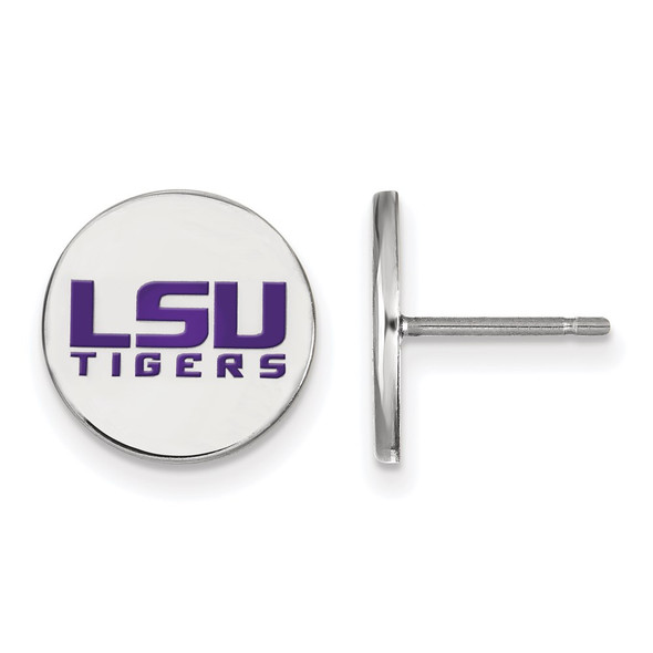 Sterling Silver Rhodium-plated LogoArt Louisiana State University L-S-U Tigers Small Enameled Disc Post Earrings