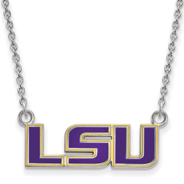 Sterling Silver Rhodium-plated LogoArt Louisiana State University L-S-U Small Enameled Pendant 18 inch Necklace