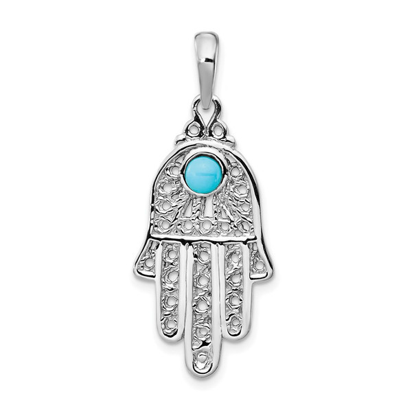 14k White Gold Simulated Turquoise Filigree Chamseh Pendant