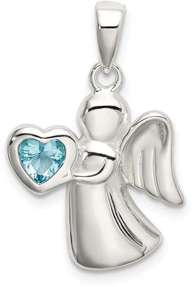 925 Sterling Silver Angel with Light Blue Cubic Zirconia Heart Pendant