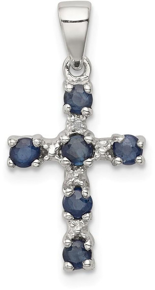 Rhodium-Plated 925 Sterling Silver Dark Sapphire and Diamond Cross Pendant